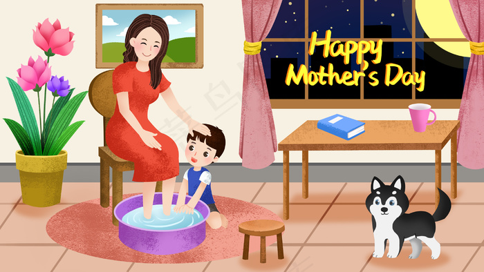 母亲节母子人物场景插画