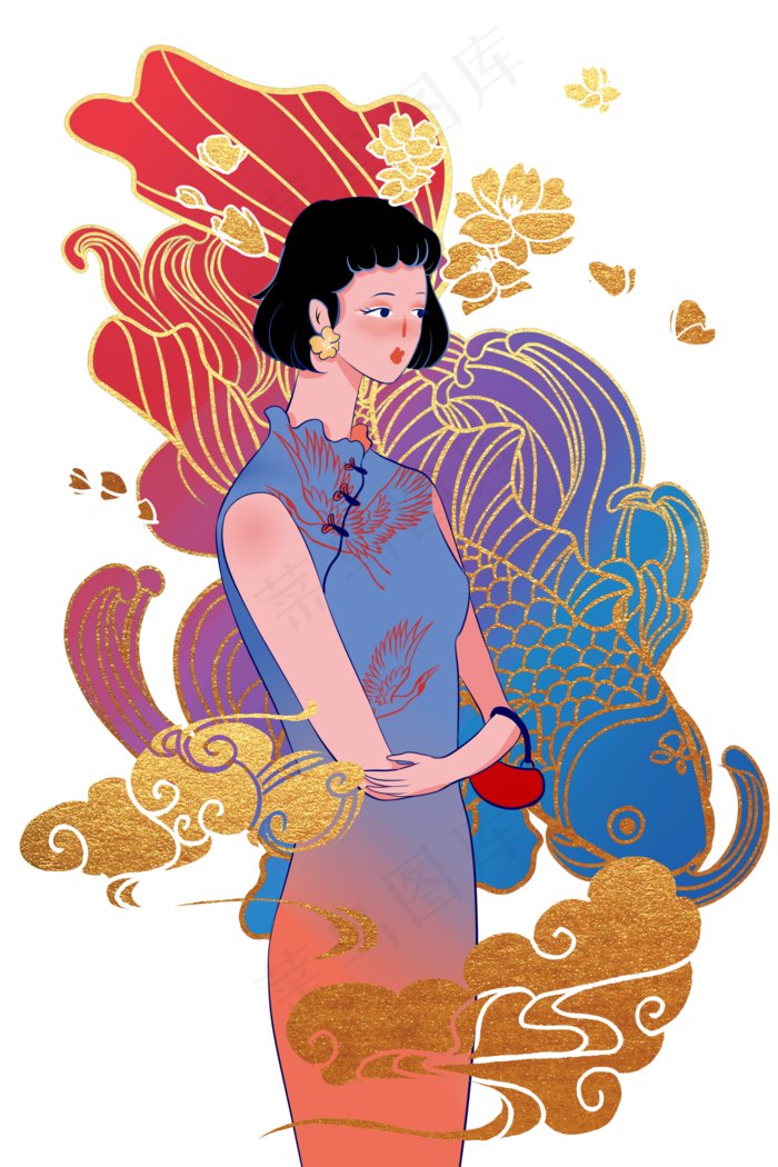 旗袍少女国潮,免抠元素