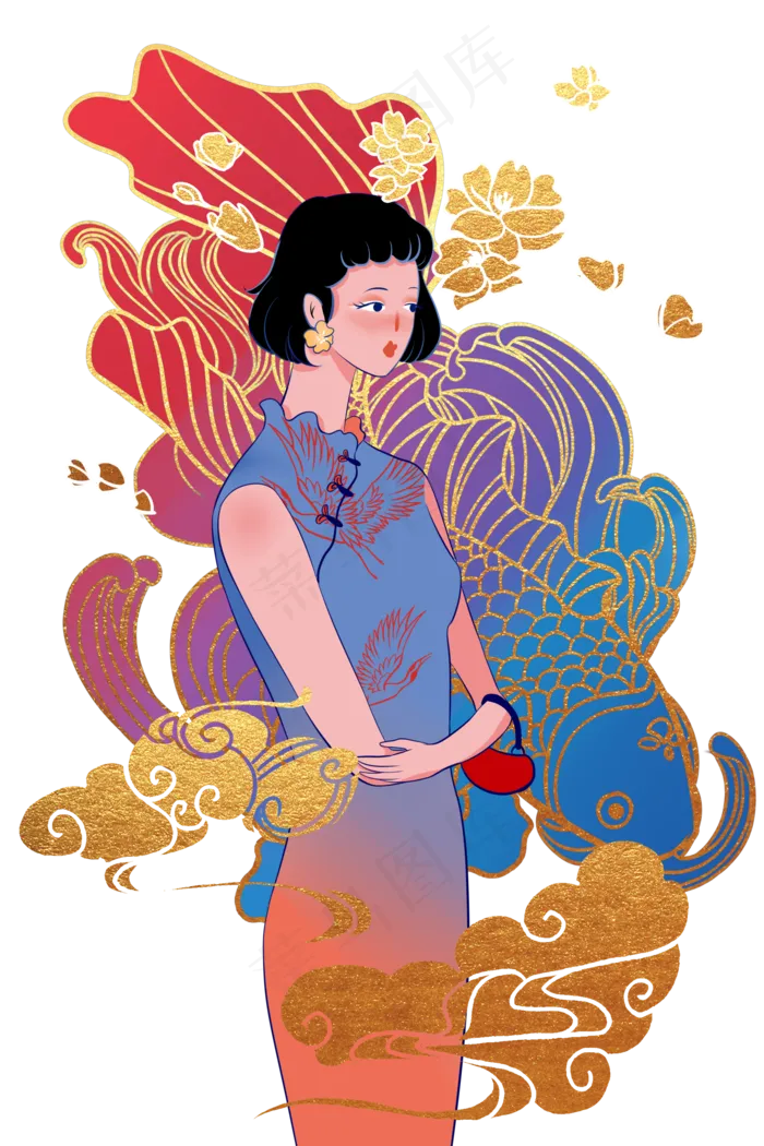 旗袍少女国潮,免抠元素(2000*3000px 300 dpi )psd模版下载