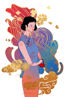 旗袍少女国潮,免抠元素