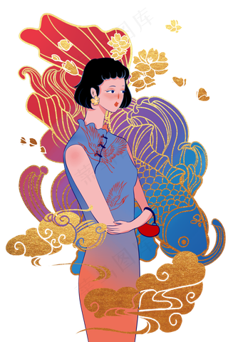 旗袍少女国潮,免抠元素