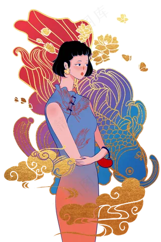 旗袍少女国潮,免抠元素