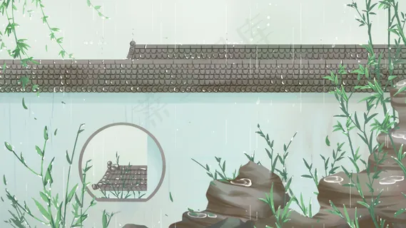 绿色唯美小清新雨季春古风卡通唯美卡通配图