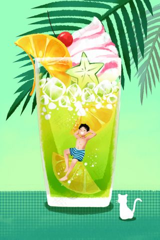 绿色系卡通手绘风夏景凉爽果汁配图