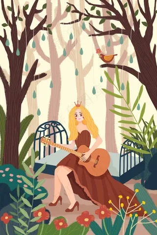 谷雨春天森林女孩弹吉他