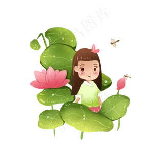元素商用手绘夏季荷花赏花少女唯