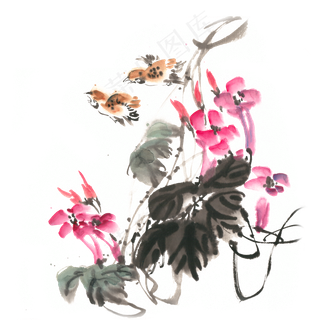 花卉与麻雀水墨画PNG免抠素材