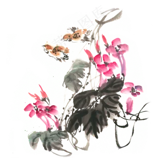 花卉与麻雀水墨画PNG免抠素材