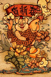 2019复古纹理猪年形象贺新春 2019复古纹理猪年形象贺新春