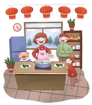 手绘小清新新春佳节煮饺子的一家,免抠元素