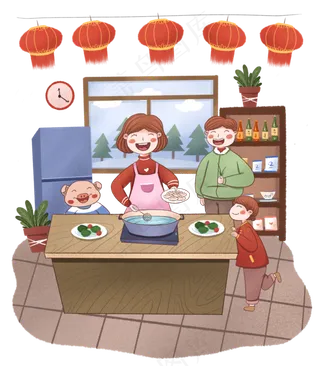 手绘小清新新春佳节煮饺子的一家,免抠元素