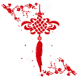 中国结红色中国风梅花,免抠元素