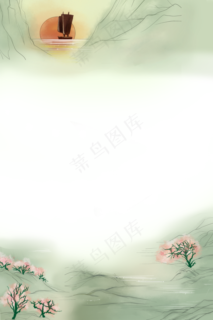 山水日落小舟工笔素材(2657X3986(DPI:150))psd模版下载