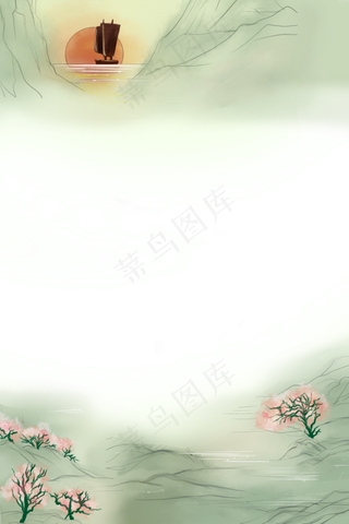 山水日落小舟工笔素材