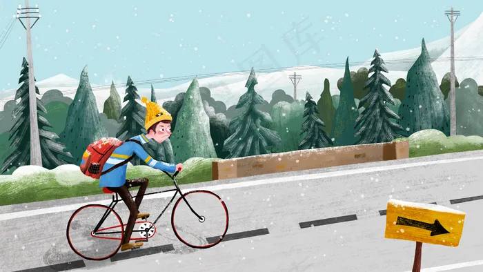 冬天小雪在公路上骑车的少年(2880*1620px 300 dpi )