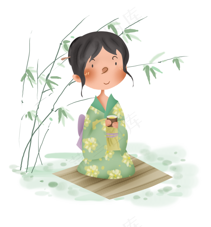 竹子下喝茶的日本女孩