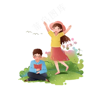 春天旅行旅游卡通情侣人物,免抠元素