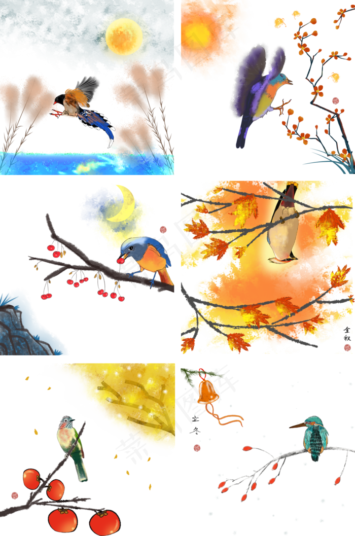 金秋花鸟系列中国风6个元素组合,免抠元素(2000X3020(DPI:300))psd模版下载