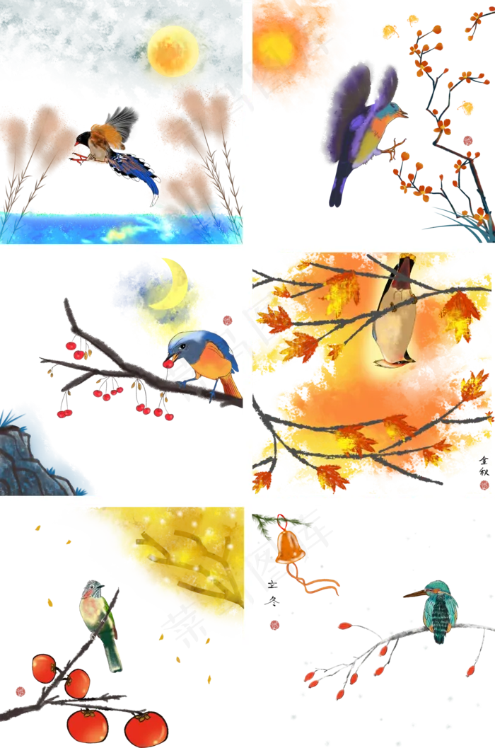 金秋花鸟系列中国风6个元素组合,免抠元素(2000X3020(DPI:300))psd模版下载
