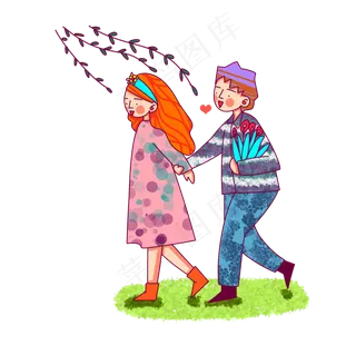 卡通风格春日情侣踏青出游