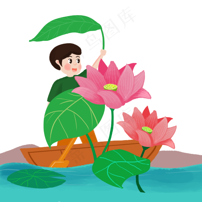 男孩泛舟湖上采荷叶荷花