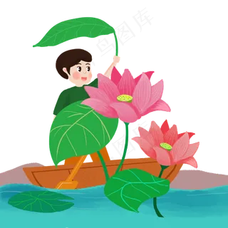 男孩泛舟湖上采荷叶荷花