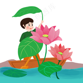 男孩泛舟湖上采荷叶荷花