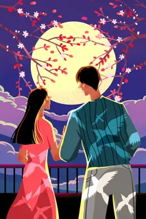 蓝色系卡通手绘风七夕情侣配图