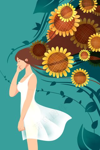 蓝色系卡通手绘风立秋葵花女孩配图