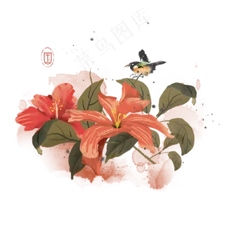 水墨花鸟鲜花小鸟素材,免抠元素