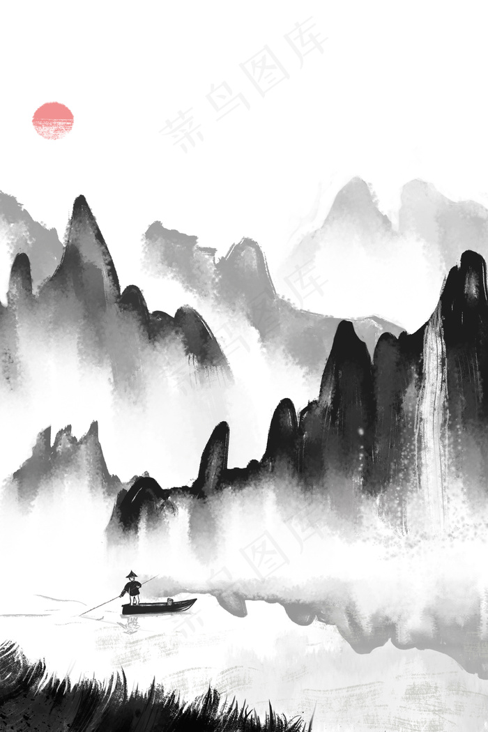 水墨风渔家山水图