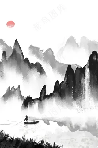 水墨风渔家山水图