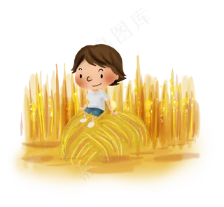 立秋秋天稻草堆上的男孩,免抠元素