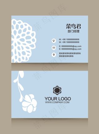 蓝色小清新花纹名片模板