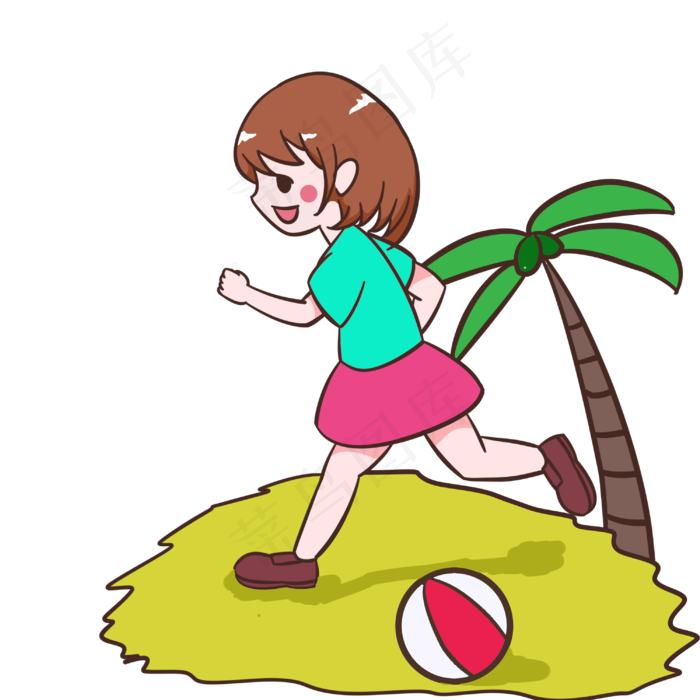 夏天在沙滩边玩耍的女孩手绘