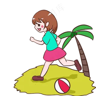 夏天在沙滩边玩耍的女孩手绘