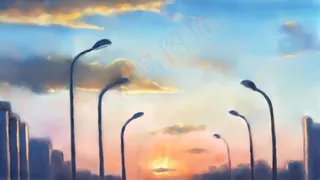 晚霞城市油画风景