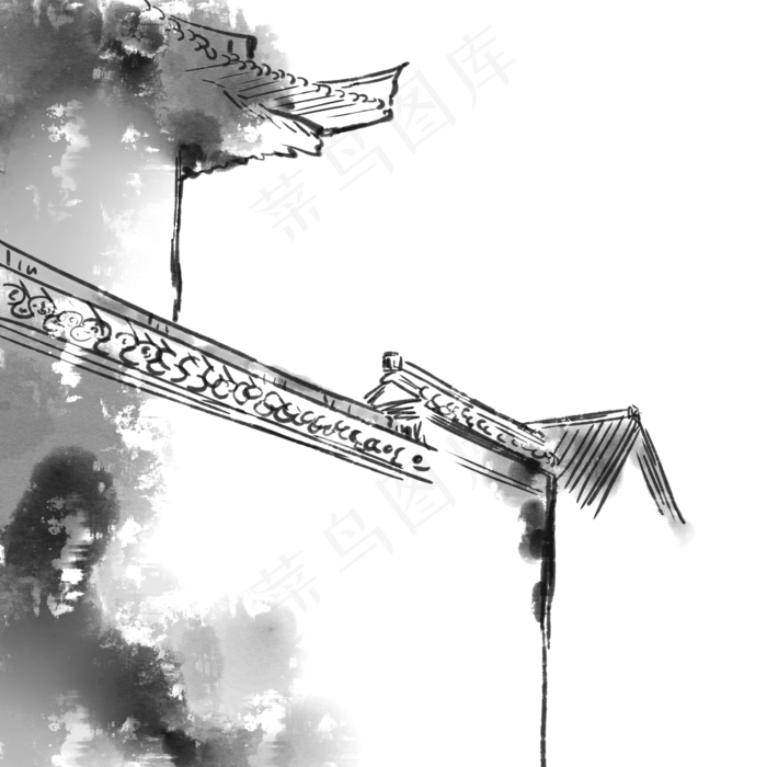水墨屋檐中国风png,免抠元素