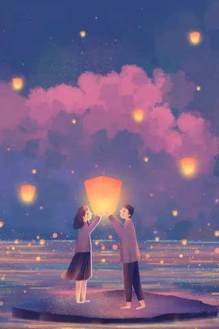 元宵唯美主题之情侣一起放孔明灯竖图