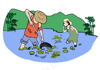 5.1劳动节手绘风劳动人民池塘