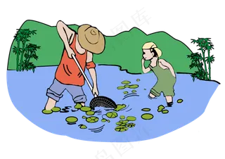 5.1劳动节手绘风劳动人民池塘