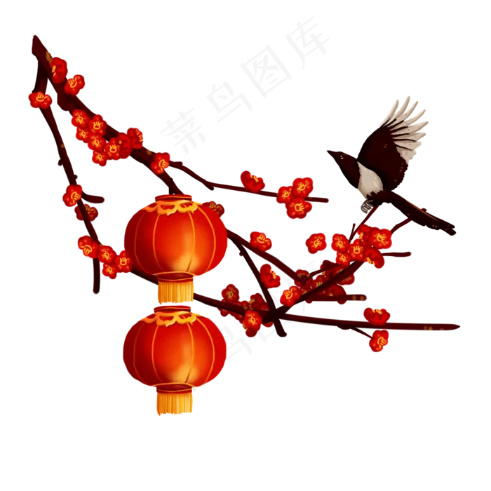 喜上眉梢花灯梅花红色免抠元素