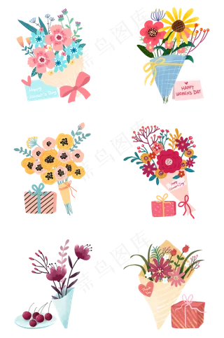 一组暖色系花束和礼盒PNG免抠素材