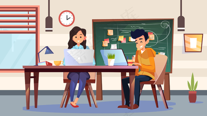 卡通上班族工作同事工作效率商务办公插画