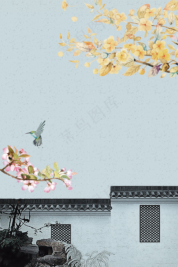 莫兰迪古建筑桃花海报