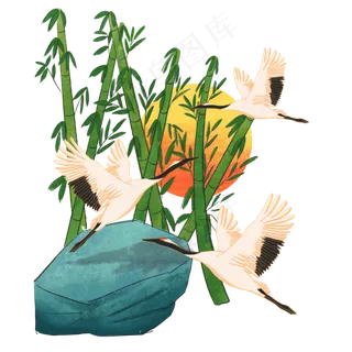 中国风竹林落日仙鹤丹顶鹤