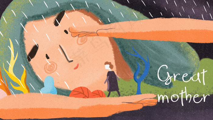 母亲为孩子遮挡雨母亲节创意小清新