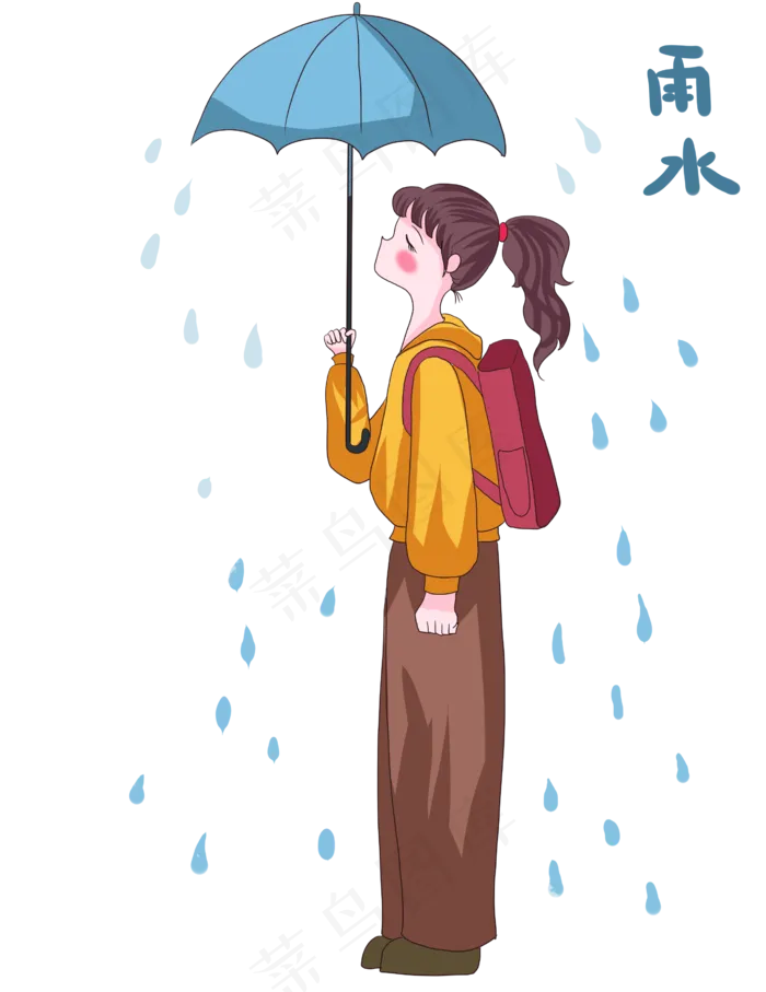 手绘春天雨水节气春雨女孩打伞,免抠元素