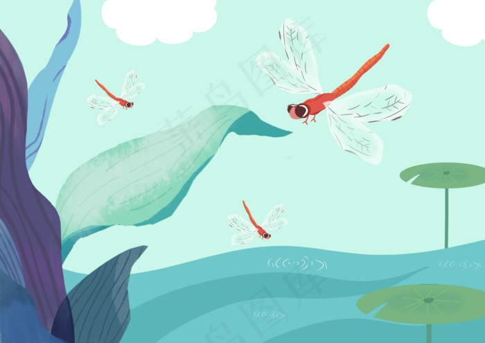 立春小清新三只蜻蜓在水面飞