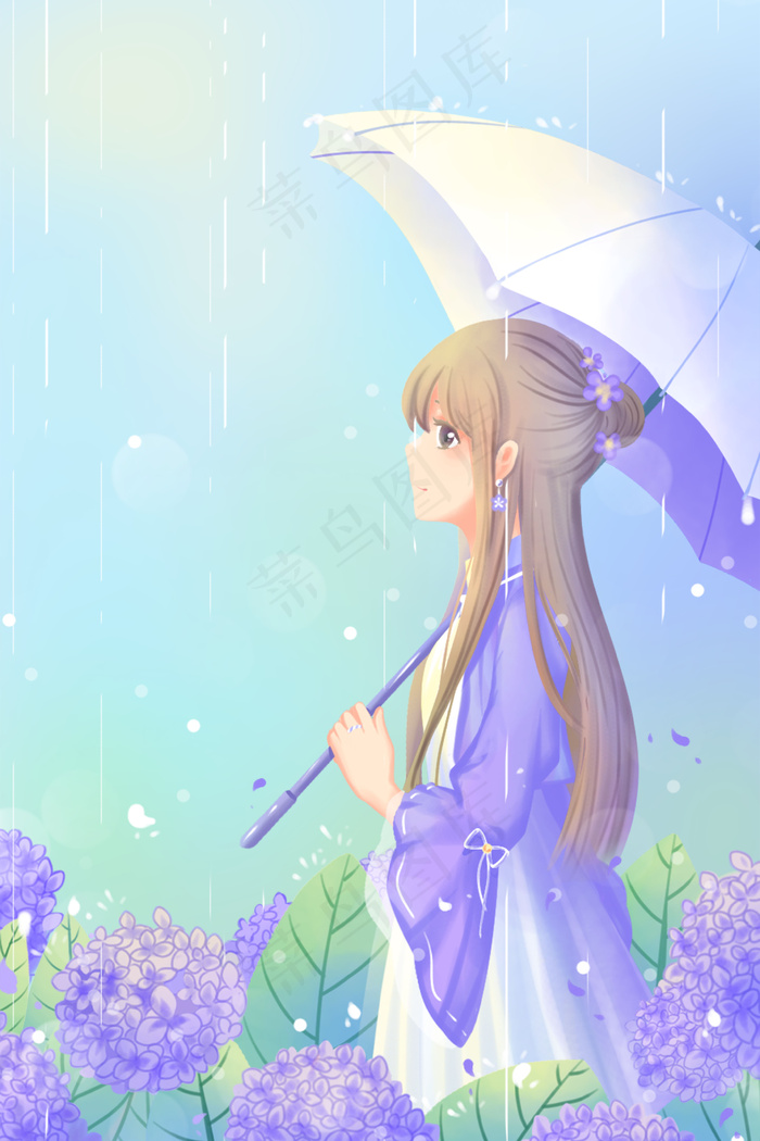 蓝色紫色唯美卡通春季小清新春雨清明雨配图(3545X5315(DPI:300))psd模版下载